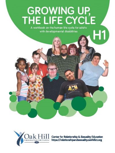 Growing Up, The Life Cycle Workbook Cover, green circles and white text, kids and adults of all ages