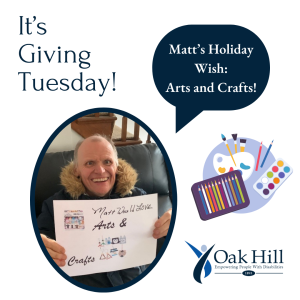 It's Giving Tuesday! "Matt's Holiday Wish: Arts and Crafts." Matt holds up a picture of his arts and crafts.